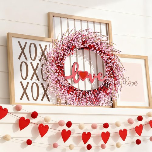 NAHUAA Pink Valentine Wreaths 20 Inch Berry Valentines Day Wreath Pink Wreaths for Front Door Heart Wreath with Sign Love for Spring Table Window Wedding Decor