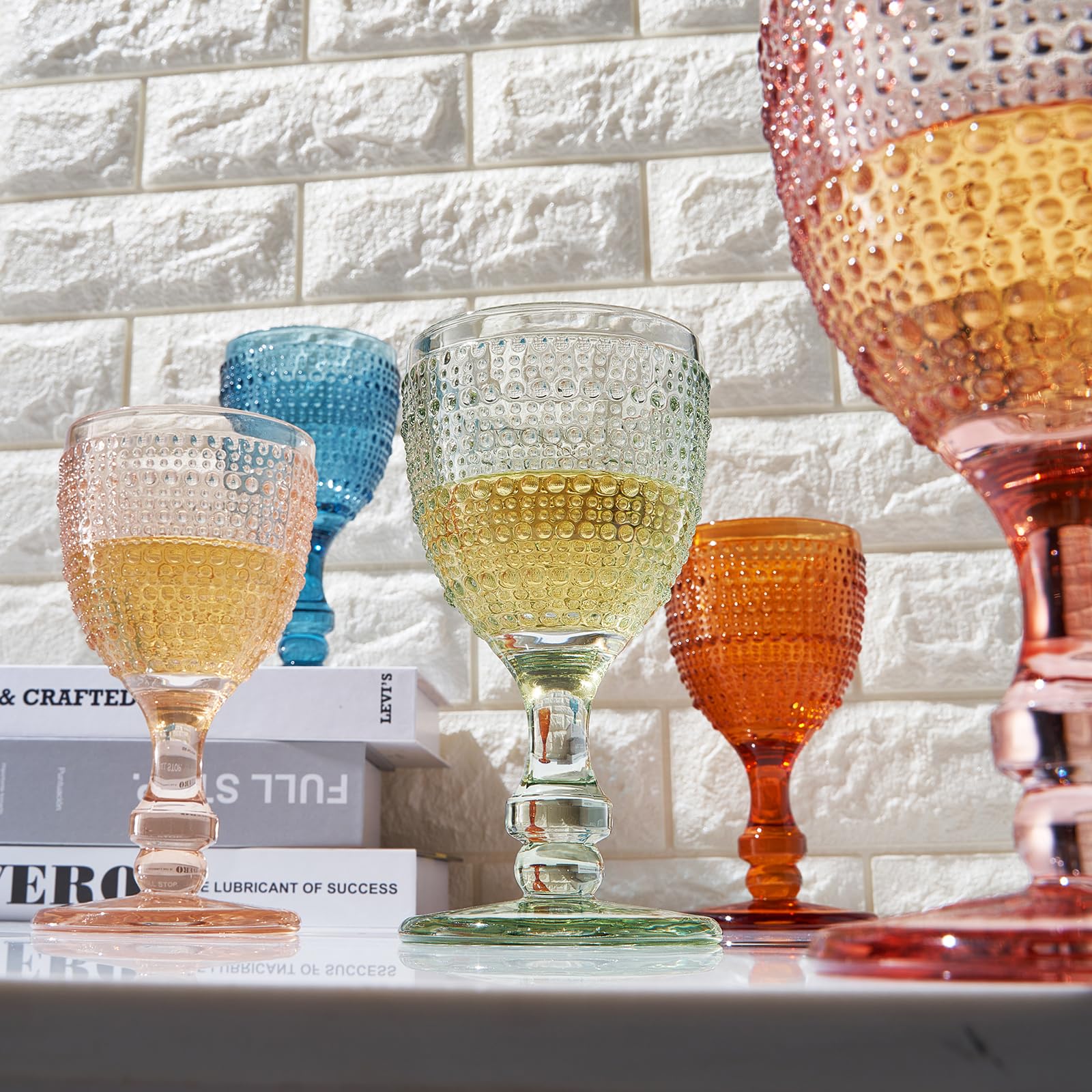 Khen Beaded Goblet Wine Drinking Glasses Set | Set of 6 | Vintage Hobnail Bubble Design Red or White Glassware, Old-Fashioned, Art Deco Glass for Water, Wine, Cocktail Dishwasher Safe (14.8 OZ)