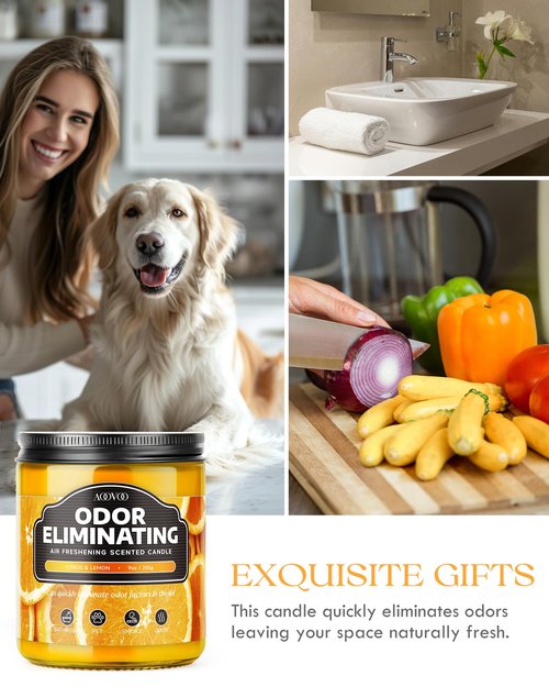 AOOVOO 4 Pack Citrus Lemon Odor Eliminating Highly Fragranced Candle - Eliminates 95% of Pet, Smoke, Food, and Other Smells Quickly, Non Toxic Air Freshing Soy Candle