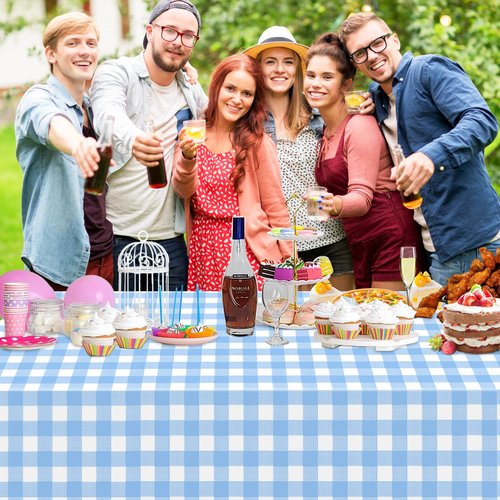 3 Pack Light Blue Gingham Tablecloth Rectangular Pale Blue and White Checkered Tablecloths Disposable Plastic Plaid Table Cover for Parties, Outdoor Picnic, Birthday, Wedding, Camping 54 × 108 Inch