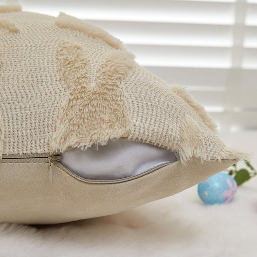LOMCHEN Easter Throw Pillow Covers 18x18 inch Set of 2 for Easter Decorations Beige Bunny Rabbit Soft Plush Faux Fur Wool Pillow Covers for Sofa Living Room Couch Bed
