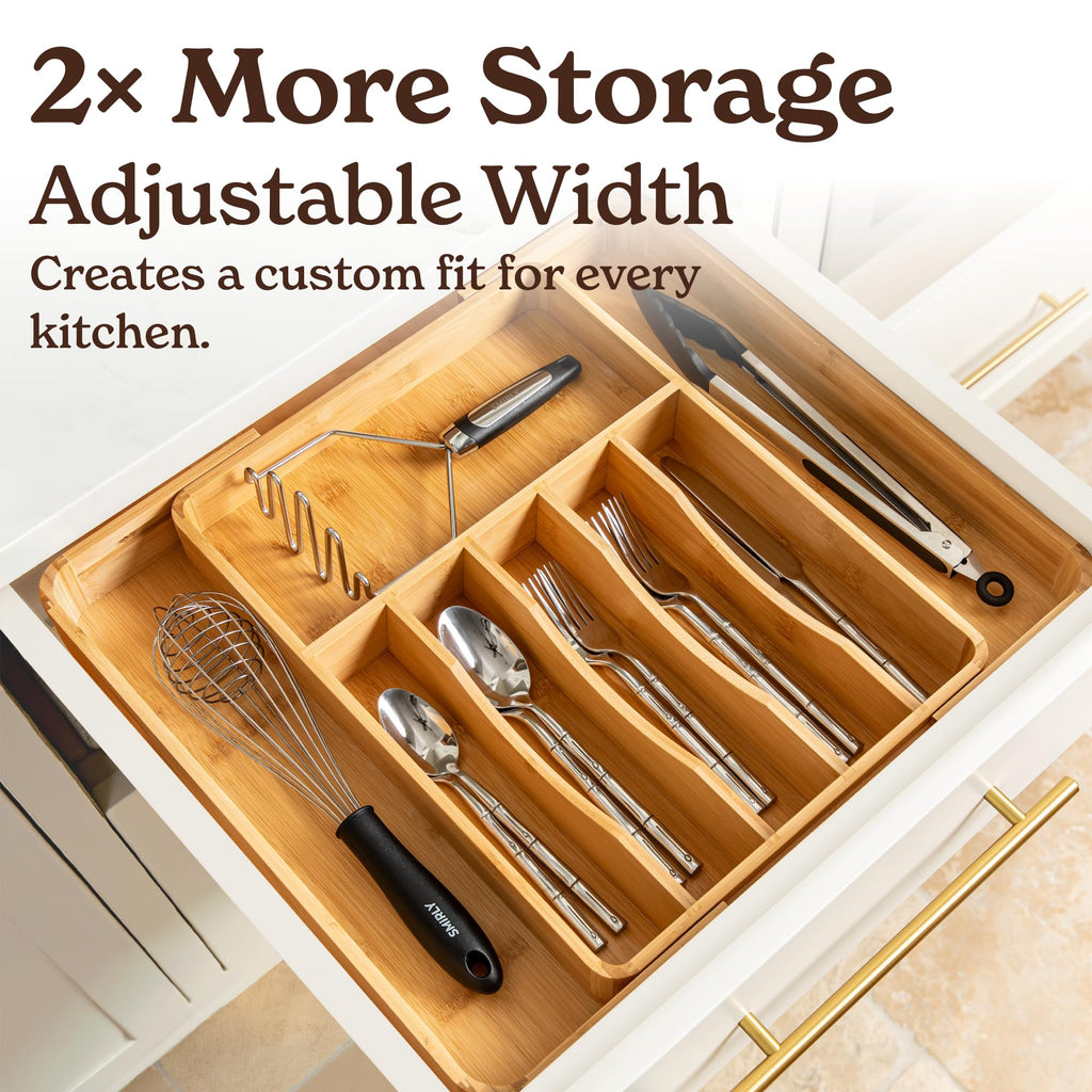SMIRLY Silverware Drawer Organizer – Bamboo Kitchen Drawer Organizer, Adjustable Utensil Holder and Cutlery Tray, Drawer Dividers for Flatware and Kitchen Utensils
