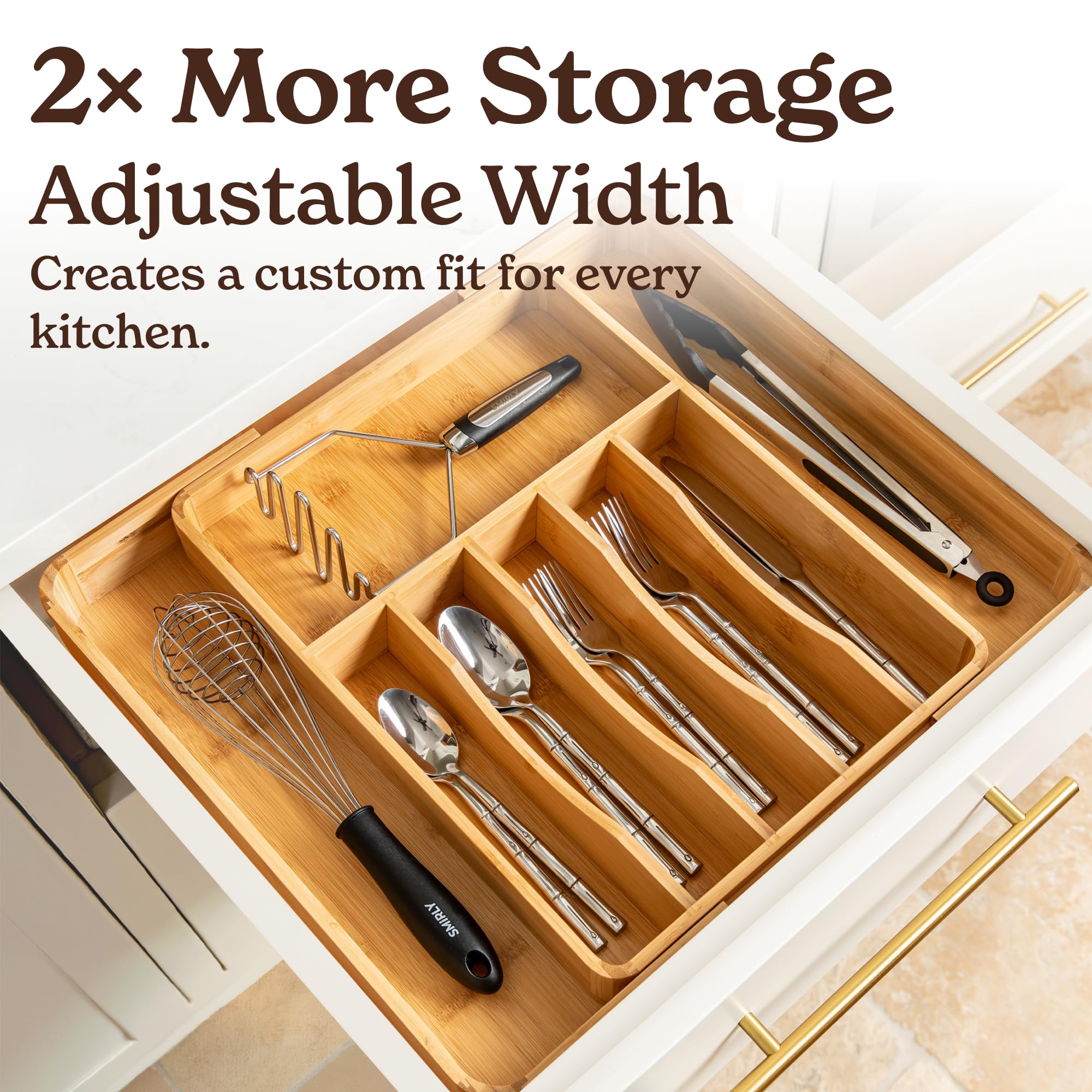 SMIRLY Silverware Drawer Organizer – Bamboo Kitchen Drawer Organizer, Adjustable Utensil Holder and Cutlery Tray, Drawer Dividers for Flatware and Kitchen Utensils