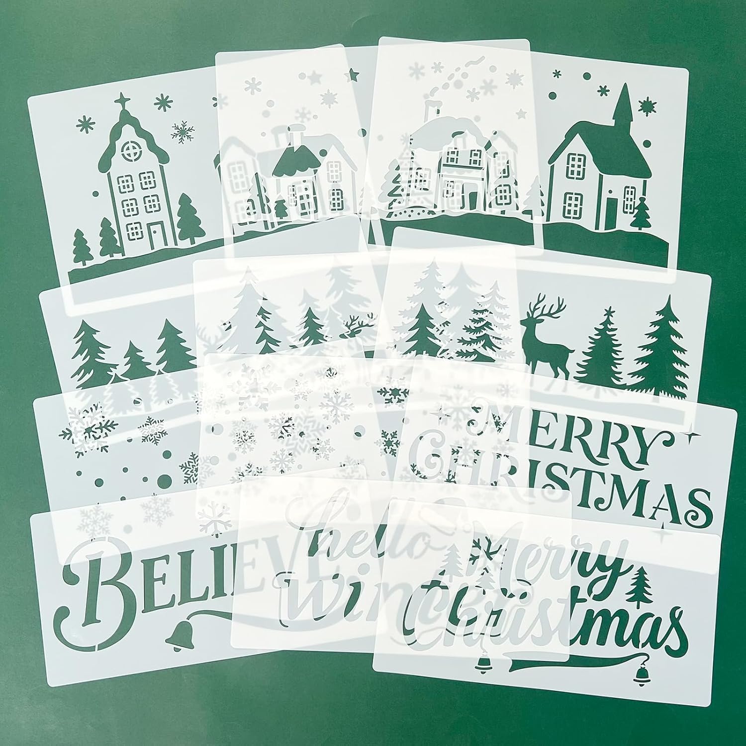 Skiennix Large Christmas Stencils - 12 Pcs Winter House, Snowflake & Pine Tree Designs for Painting on Wood & Glass