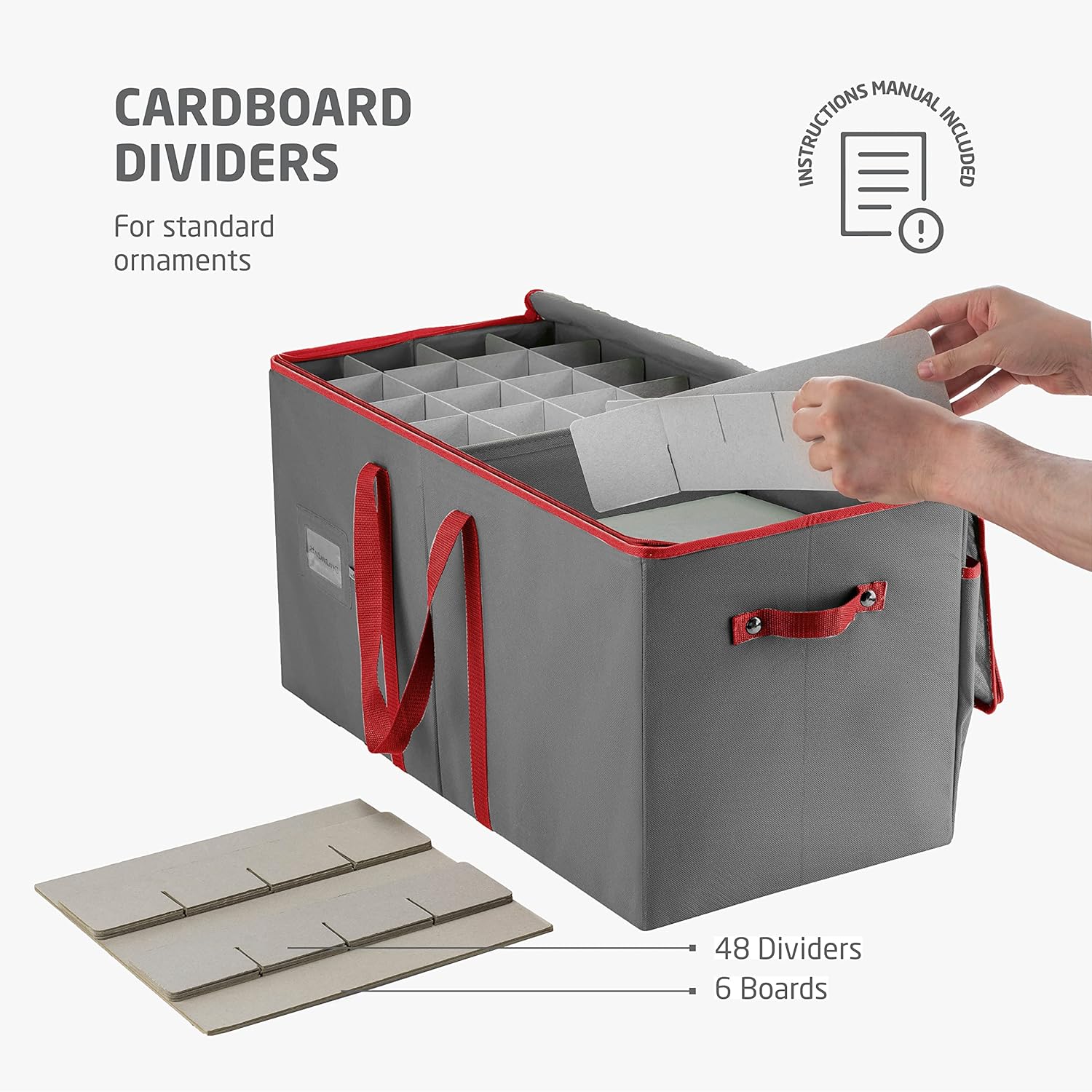ZOBER Large Christmas Ornament Storage Box | Holds 128 3" Ornaments with Dividers - Durable Gray Organizer