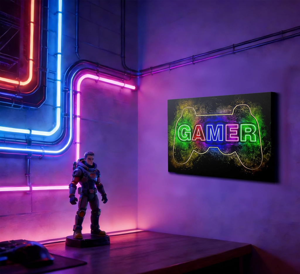 Skiennix Cool Gaming Canvas Wall Art - Colorful Neon Gamepad Poster Print for Teen Boys Room | 12 x 16 Inch