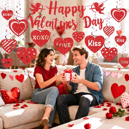 52Pcs Happy Valentines Day Decorations Valentine's Day Banner Glitter Valentine Hanging Swirls Ceiling Foil Decor Red Hearts Cutouts for Happy Valentine's Day Party Wedding Anniversary Theme Supplies