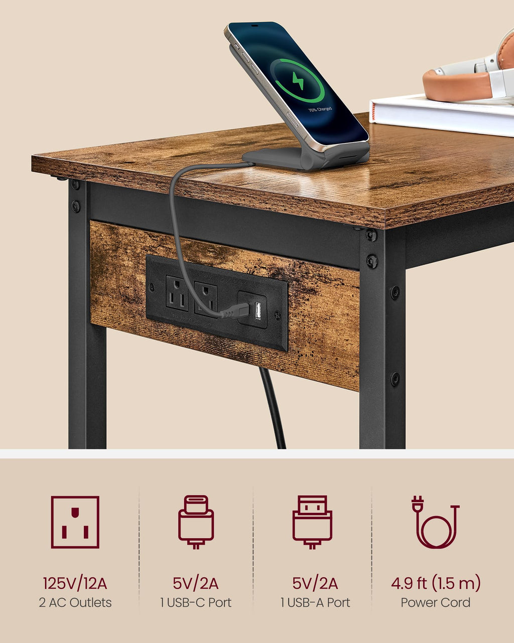 VASAGLE Bar Table, Narrow Long Kitchen Dining Table with Charging Station, Sturdy Metal Frame, Industrial, 15.7 x 47.2 x 35.4 Inches, Rustic Brown and Ink Black ULBT121K01