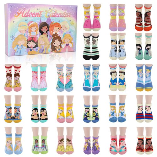 Boruub Socks Advent Calendar 2025 for Girls - 24 Pairs Soft Knit Movie Princess Socks for Christmas Countdown Calendar, Princess Gifts for Teens Women Christmas Xmas Holiday