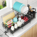 Pantasia 2 Tier Large Dish Drying Rack, Expandable Dish Rack for Kitchen Counter, Dish Drainer with Drainboard Set, Multifunctional Dishrack with Utensil Holder & Cup Holder, 13.4"-28.7" L x 11.8" W