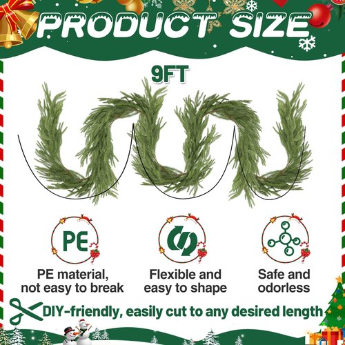 9ft Realistic Christmas Garland Decorations - 1pcs Upgraded Real Touch Greenery Artificial Norfolk Pine Cedar Garland for Fireplace Mantle Table Window Stair Holiday Home Decor