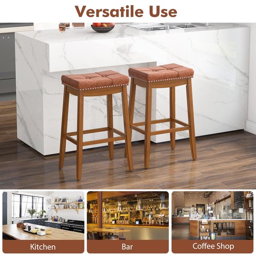 COSTWAY Saddle Bar Stools Set of 2, 29-Inch Bar Height Barstools w/PU Leather Seat, Solid Rubber Wood Frame, Footrest, Mid-Century Backless Bar Stools for Kitchen Island Home Bar