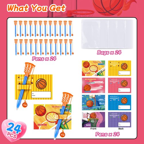 24 Pcs Valentine’s Day Basketball Hoop Pens Bulk with Greeting Cards Basketball Themed Party Favors Sport Novelty Pens School Classroom Office Gifts Exchange Goodie Bag Stuffers for Kids Teens Adults