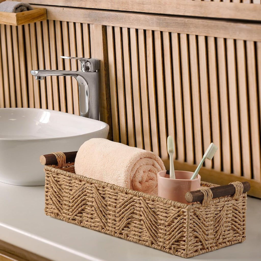 Skiennix Bathroom Baskets - Decorative Storage with Handle for Countertop & Toilet Paper | Cream Set