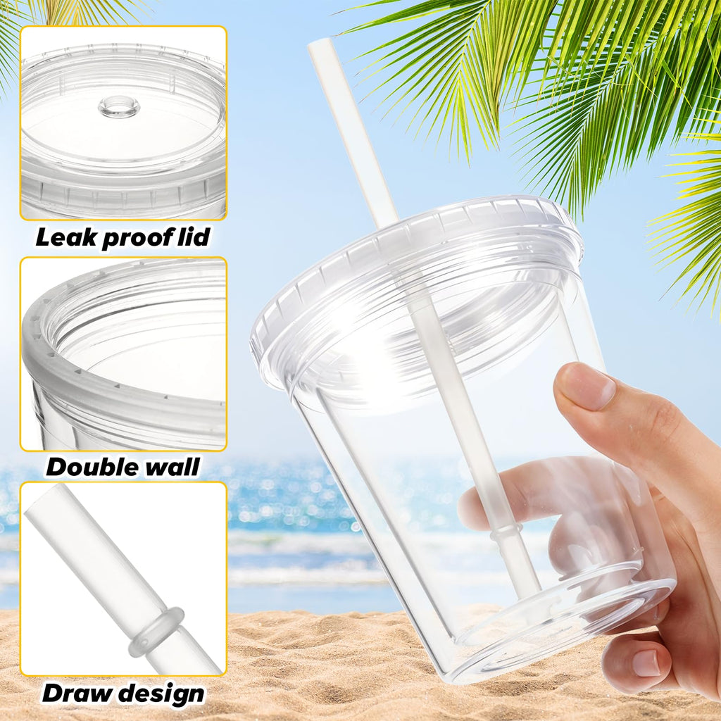 wutfuooo 6 Pcs Clear Tumblers with Lid and Straw for Kids, 12 oz Insulated Acrylic Double Wall Cups Toddlers Reusable Plastic Cup Kids Bulk