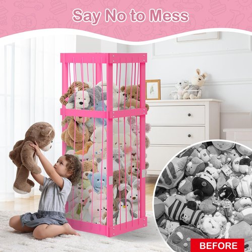 storenization Stuffed Animal Zoo Wood, Large Stuffed Animal Storage Plushies Storage, Pink Toy Storage Organizer for Kids Room Nursery Play Room Bedroom
