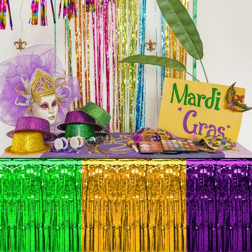 6 Pack Mardi Gras Table Skirt Decorations 30x118 Inch, Mardi Gras Purple Gold and Green Metallic Foil Fringe Tinsel Table Skirts, Mardi Gras Table Decorations for Mardi Gras Carnival Party Supplies