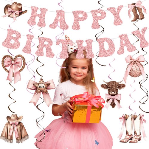 Yunlly Cowgirl Coquette Bow Birthday Party Decorations Western Hanging Swirls Happy Birthday Banner Pink Disco Balloon Rodeo Bachelorette Decor Supplies for Baby Shower Birthady Party Favors