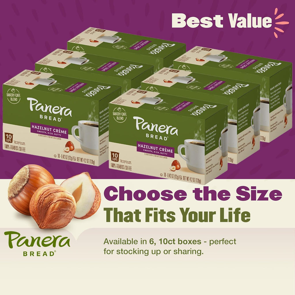 Panera Bread Hazelnut Crème Light Roast Coffee - Smooth Buttery Flavor, 100% Arabica, 60 Single Serve Pods (6 Packs of 10)