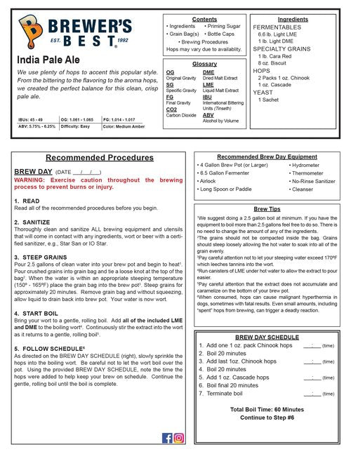 India Pale Ale Homebrew Beer Ingredient Kit Brewers Best