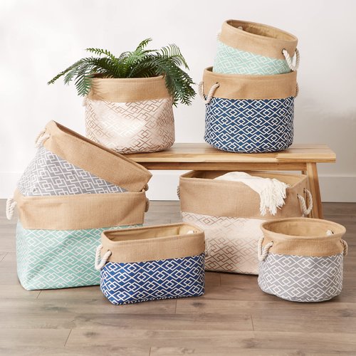 DII Jute Storage Collection Collapsible Burlap Diamond Storage Bin, Large Round, 16x15", Aqua