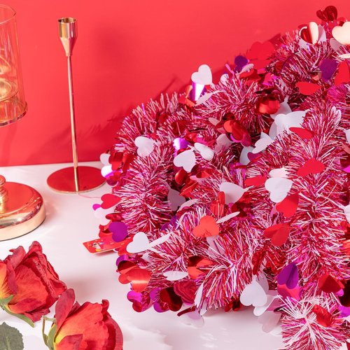 Gloreyan 20FT/6M Valentines Day Tinsel Garland, Red Pink White Heart Metallic Tinsel Twist Garland Hanging Decoration for Valentine’s Day Wedding Birthday Party Supplies