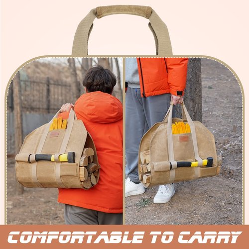 TwentyNext Firewood Log Carrier Waxed Canvas Tote Bag with Handles, Heavy Duty Firewood Holder Fireplace Wood Stove Accessories for Camping,BBQ Indoor & Outdoor