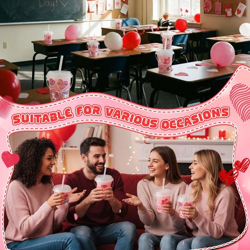 Funnymoom 12 Sets 34 oz Valentine's Day Plastic Drink Buckets with Lid and Straws with Valentines Day Stickers Clear Drink Cup Disposable Cocktail Rum Buckets Reusable for Party Favors Prize