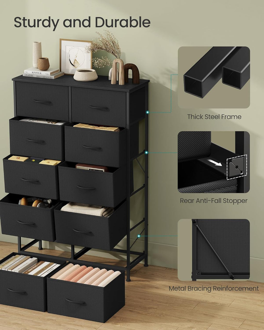 SONGMICS Dresser - Rustic Brown & Ink Black Chest of Drawers with 10 Non-Woven Fabric Bins | Stylish Storage Organizer for Bedroom & Entryway