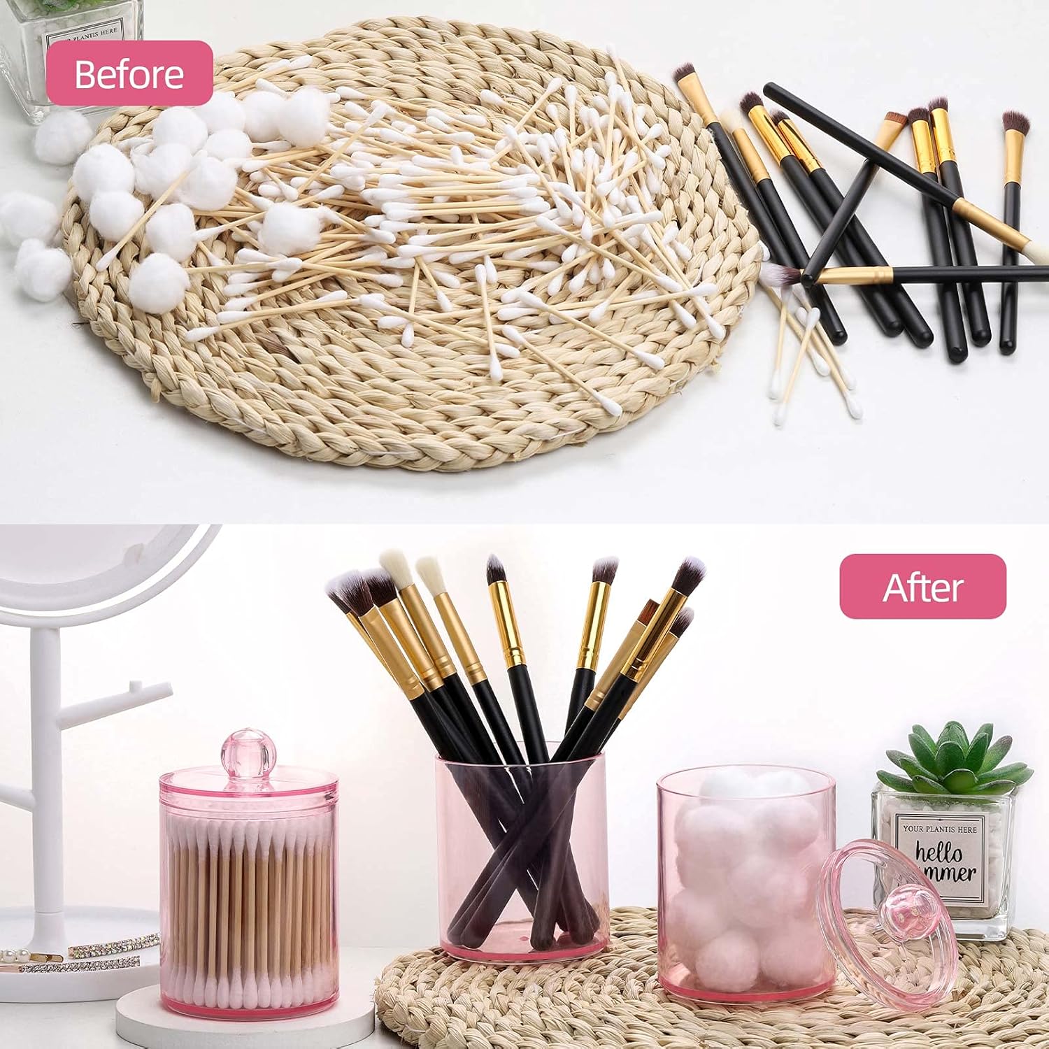 Tbestmax Apothecary Jar - 10 OZ Q-Tips Holder for Bathroom | Pink Cotton Ball & Swab Organizer