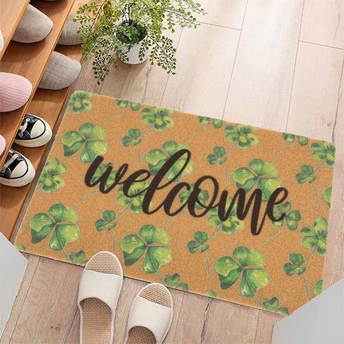 XuoAz St. Patrick's-Day-Clovers-Welcome-Mats Outdoor-Entrance Green-Shamrock-Outdoor-Doormat Non Slip Coir Front Door Mat for Irish Home Decor 17" x 29"