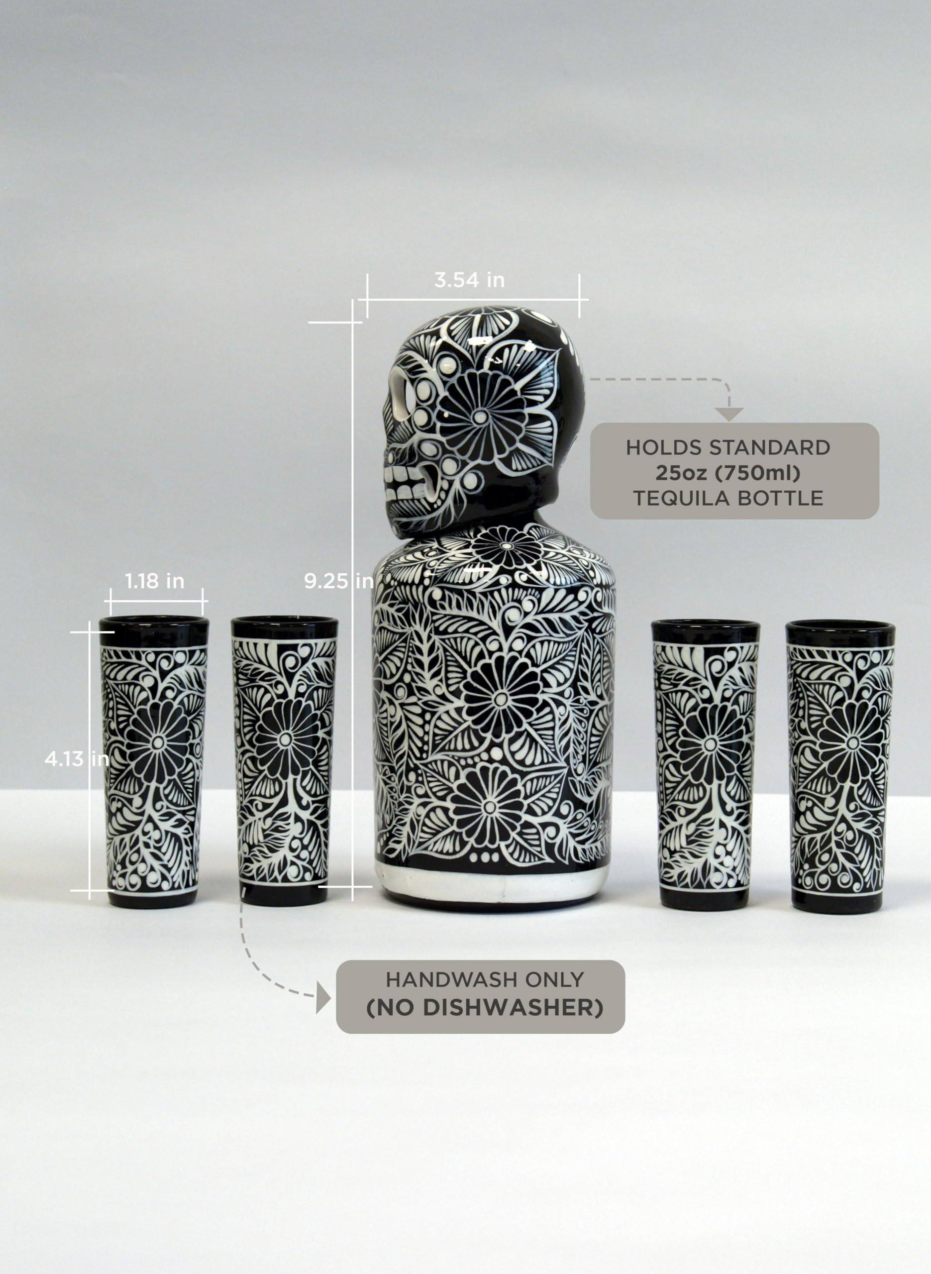 Tequila Decanter Set, Liquor Decanter with Shot Glasses and Mexican Sombrero, Hand-painted Decanter, Skull Decanter, Bar Decoration, Unique Tequila Gift, Gift For Dad, (Black Decanter Set)