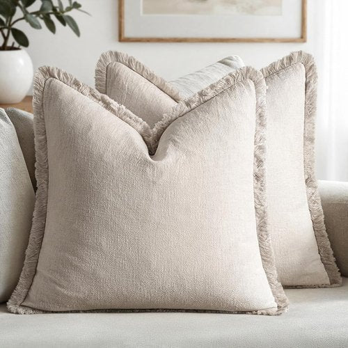 MIULEE Decorative Throw Pillow Covers - Set of 2 Neutral Beige Linen Fringe Cushions | 20x20 Inch Boho Farmhouse Decor