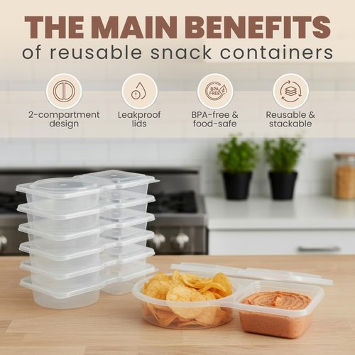 blacksof Reusable Snack Containers with Lids 20 Pack – 2 Compartment Portion Control Food Storage Boxes, Leakproof Snack Tray, Stackable Containers for Travel, Office & Home