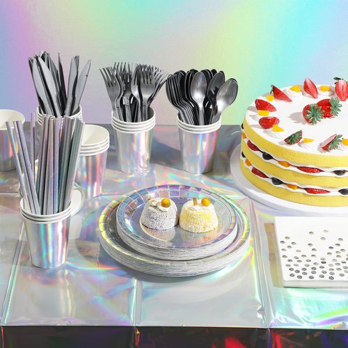 Iridescent Paper Plates and Napkins Set, Disposable Iridescent Paper Plates Cups Knives Spoons Fork Straw for Mermaid Birthday Wedding Party, Serve 100