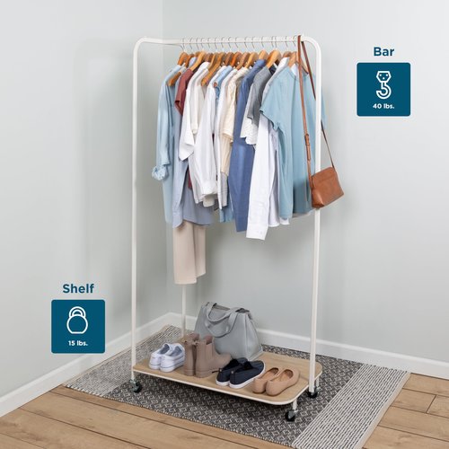 Honey-Can-Do Clothing Rack, Clothes Rack with Wood Shelf, Freestanding, Easy to Assemble Garment Rack, Standing Metal Sturdy, Small Space Storage Solution, with Shoe Storage and Wheels, White