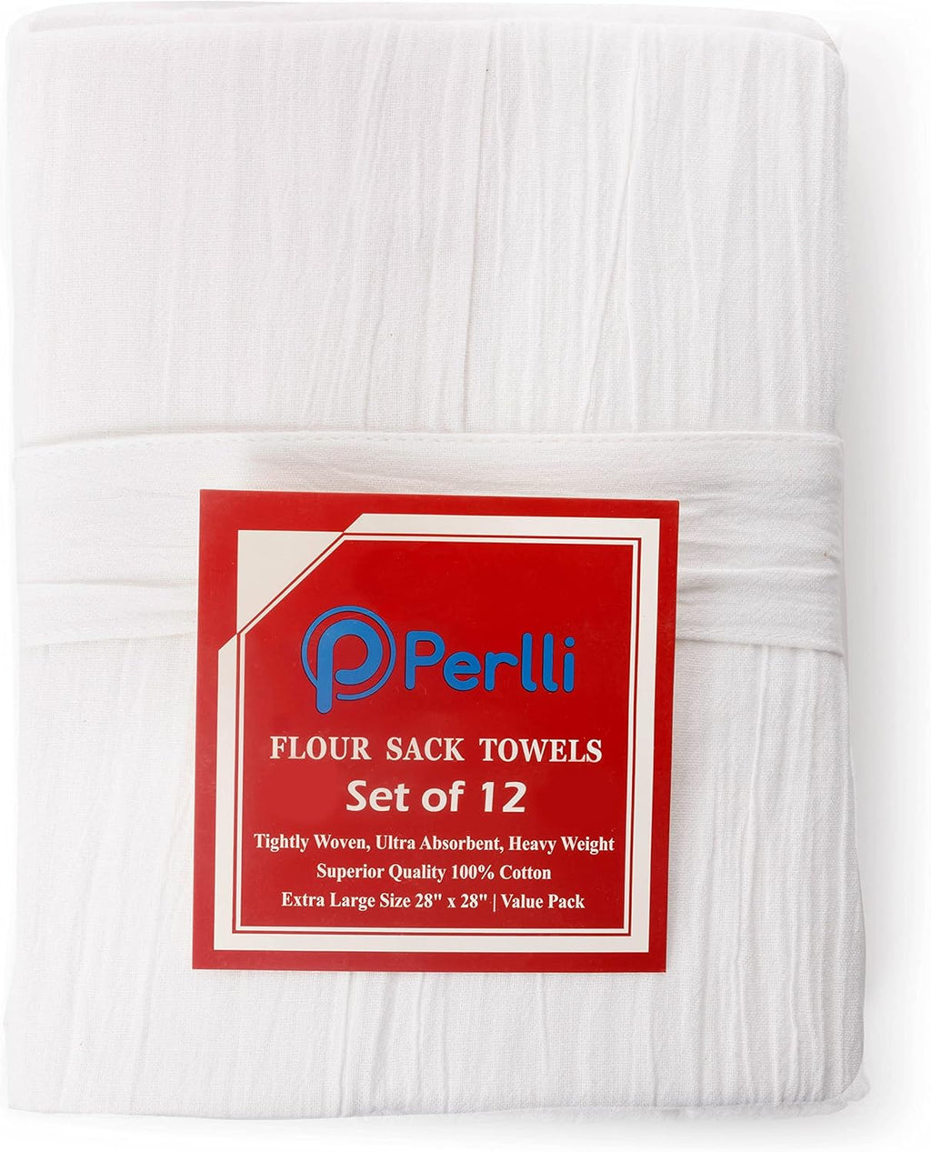 PERLLI Kitchen Flour Sack Dish Towels - 12 Pack, 28x28 Inches, Lint-Free, 100% Cotton, Highly Absorbent, White