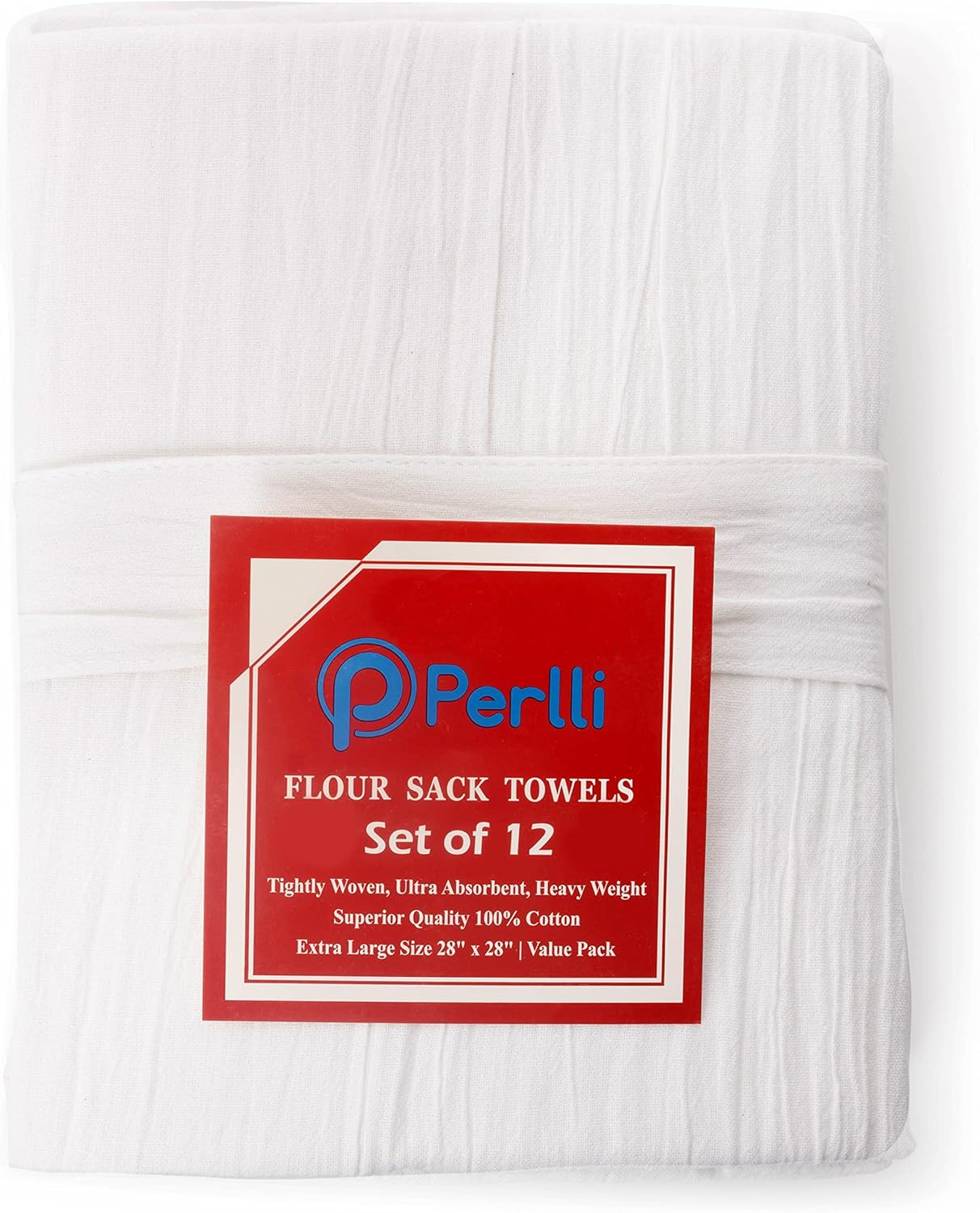 PERLLI Kitchen Flour Sack Dish Towels - 12 Pack, 28x28 Inches, Lint-Free, 100% Cotton, Highly Absorbent, White