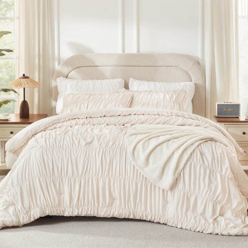 Andency Ruched Beige Queen Comforter Set, Shabby Chic Pleated Bedding Sets 3 Pieces, Lightweight Soft Boho Ruffle Bed Set for Girls, Kids, Women, All Season