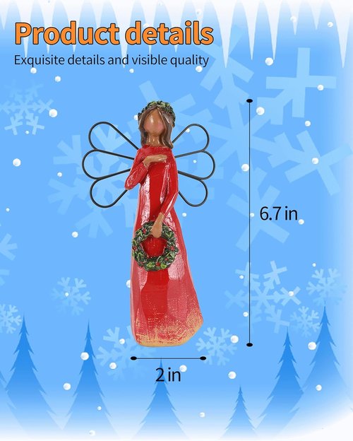 iStatue Christmas Angel Figurine - 6.7'' Hand-Painted Resin with Realistic Wings & Wreath | Perfect Xmas Gift for Women & Girls (Red)