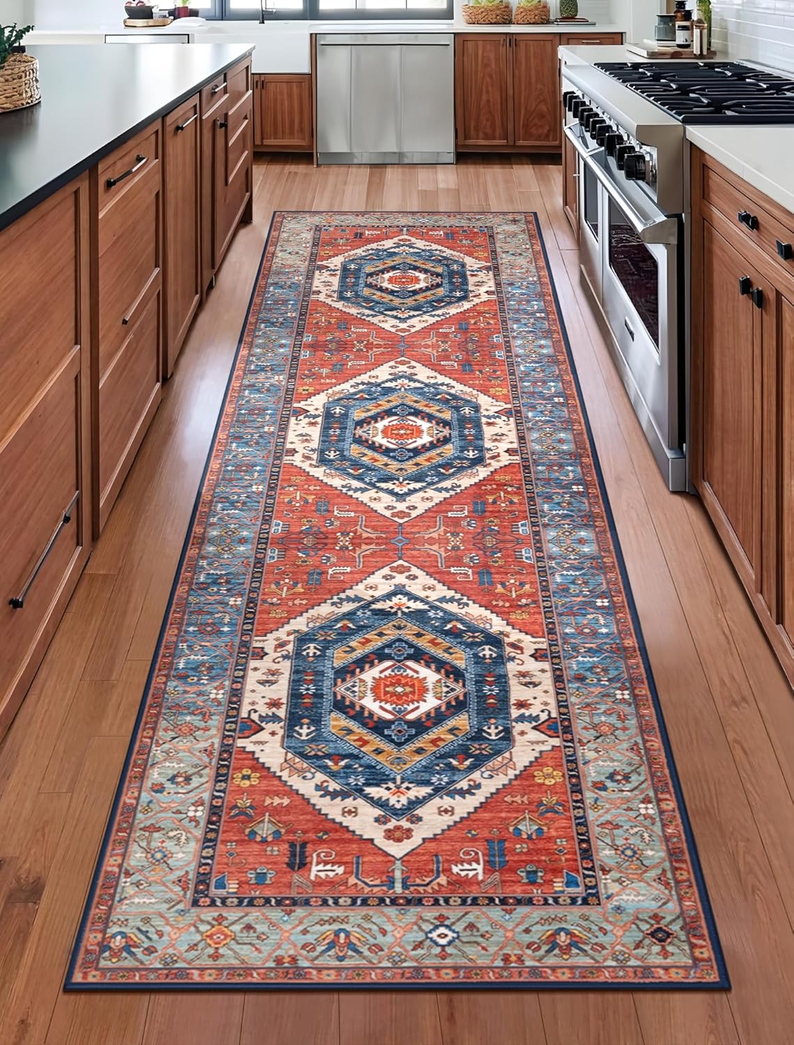 SERISSA Runner Rug - Vintage Rust Boho Design | Washable Non-Slip 2'6"x10' for Hallways & Kitchens
