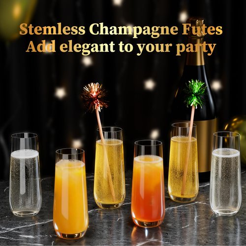 Guanqiao 12 Pack Stemless Plastic Champagne Flutes, 9 oz Clear Disposable Plastic Glasses, Heavy Duty Shatterproof Recyclable Mimosa Glasses for Party Wine Tasting Wedding New Years Eve Party Supplies