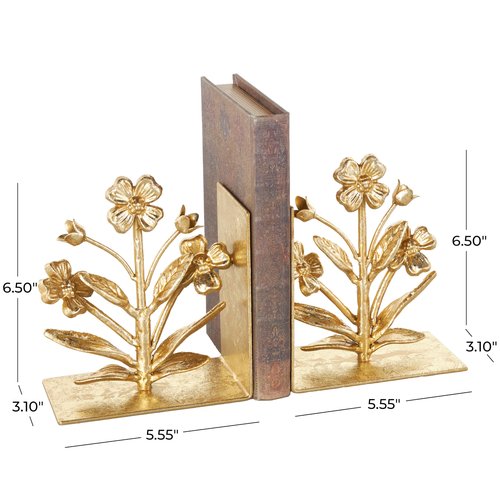 Deco 79 Metal Floral Decorative Bookends Non Skid Bookends with Shimmer Details, Set of 2 Office Bookends6 W, 7" H, Gold