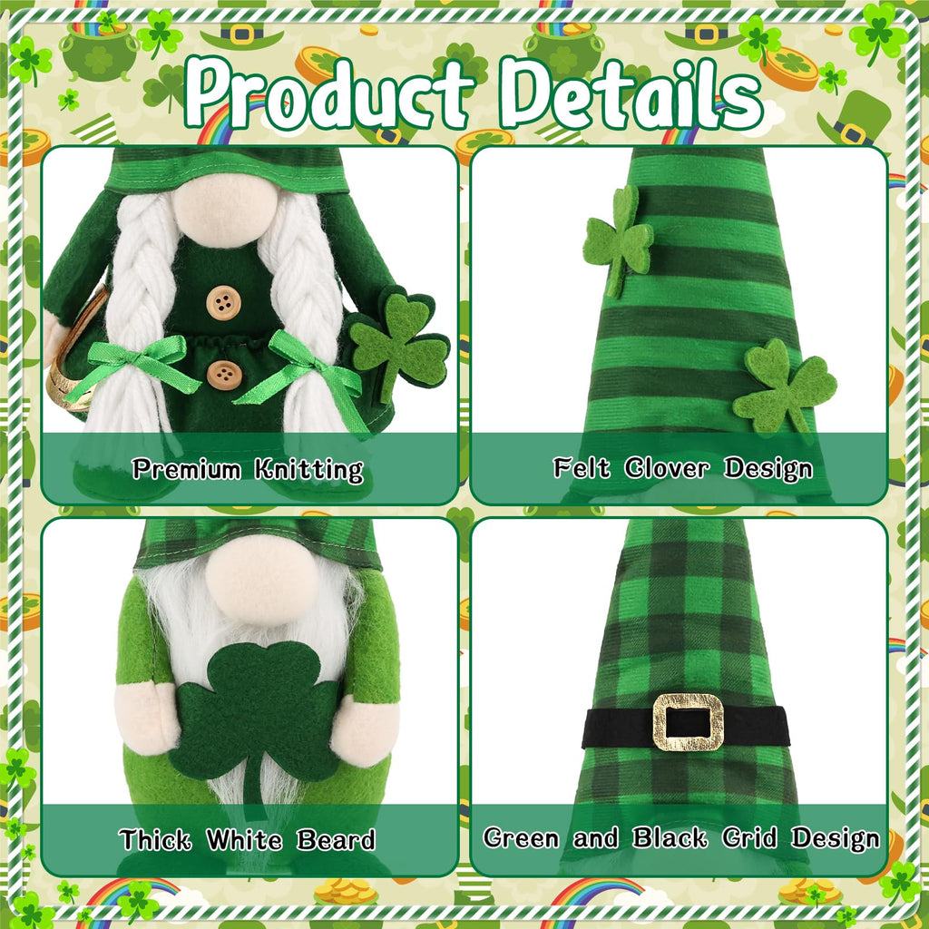 St. Patrick's Day Decor, 2 Pcs Shamrock Gnomes Plush Handmade Green Irish Gnome Scandinavian Tomte Leprechaun Home Table Centerpiece, Office Irish Gifts