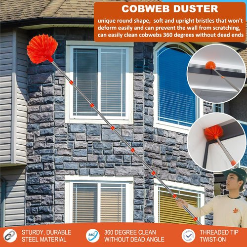 20+ Feet High Reach Duster Kit with 3-14 ft Extension Pole // High Ceiling Dusting and Window Cleaning Kit with Spliceable Pole - Window Washer & Squeegee, Cobweb Duster, Fan Blade and Feather Dusters