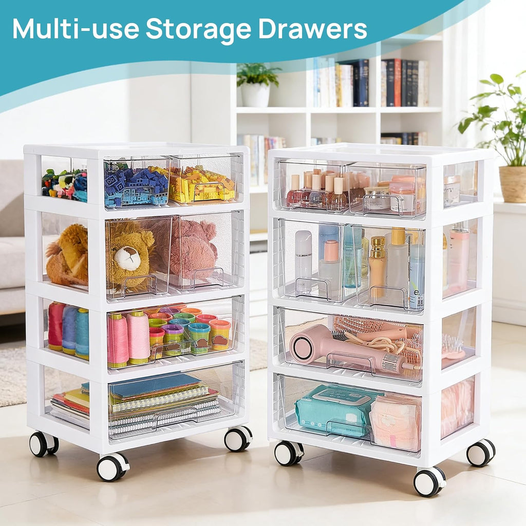 Vtopmart Plastic Drawer Organizer - 4-Tier, 6 Drawers with Wheels for Office & Craft Storage | Clear