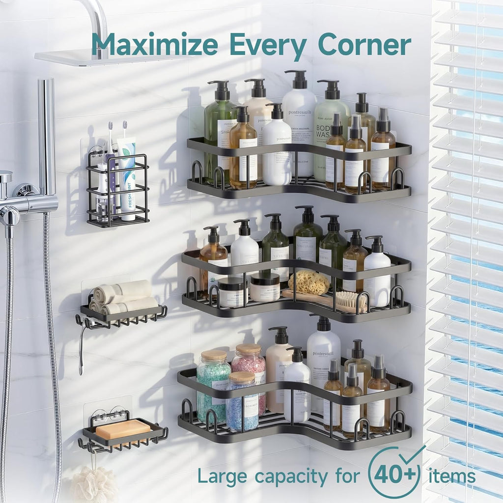 Veken Corner Shower Caddy - Rustproof Design with No Drilling Adhesive Shelves | Large Capacity Bathroom Organizer in Black
