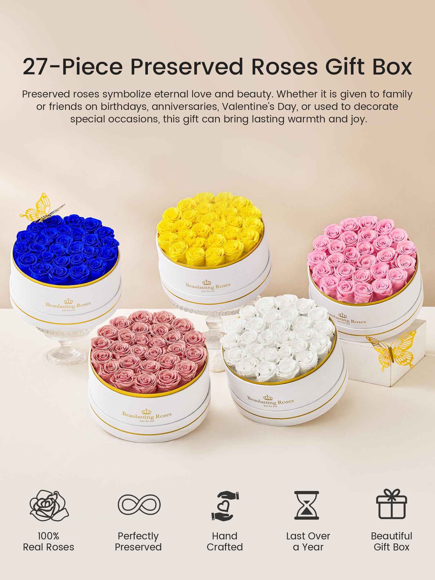 27 Preserved Roses Forever Flowers Real Roses in a Box Mother's Day Birthday Flowers for Her Mom Women Wife Valentine's Day, Pink Roses