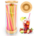 Straws Holder Dispenser for Counter, 10-Inch Drinking Straw Dispenser,Acrylic Straw Organizer with Bamboo Lid,Includes 100 Straws,Transparent Straw Storage Container for Kitchen,Pencils and Silverware