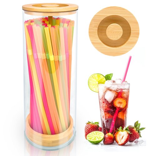 Straws Holder Dispenser for Counter, 10-Inch Drinking Straw Dispenser,Acrylic Straw Organizer with Bamboo Lid,Includes 100 Straws,Transparent Straw Storage Container for Kitchen,Pencils and Silverware